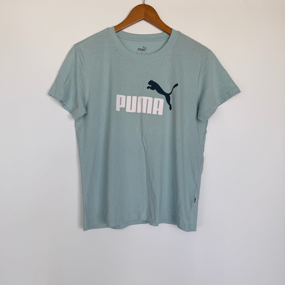 Puma T-Shirt Mens M Light Blue Green Graphic Logo Short Sleeve Tee